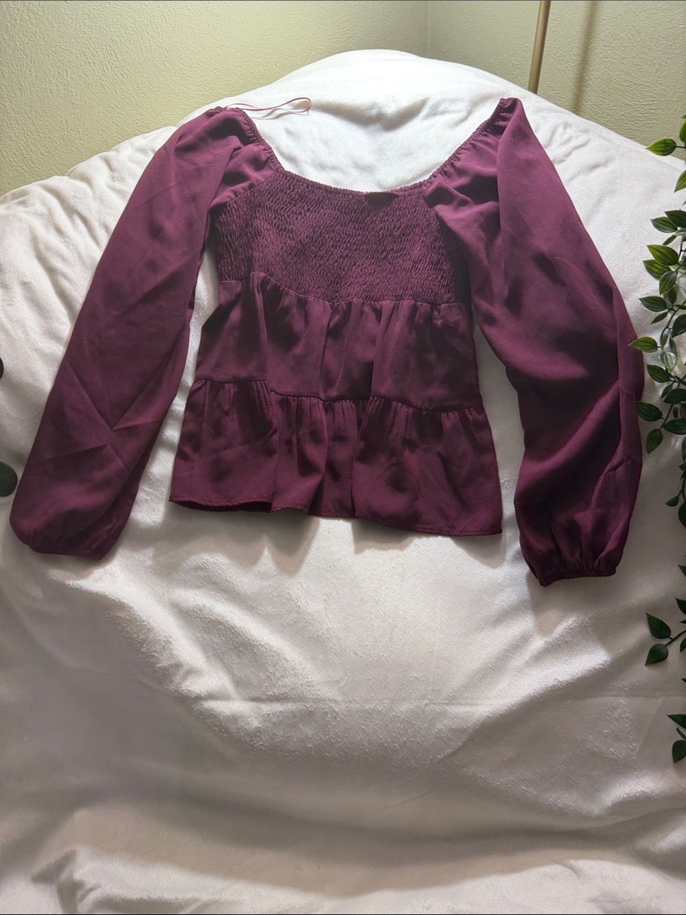 Paper Crane Plum Smocked Peplum Long-Sleeve Blouse